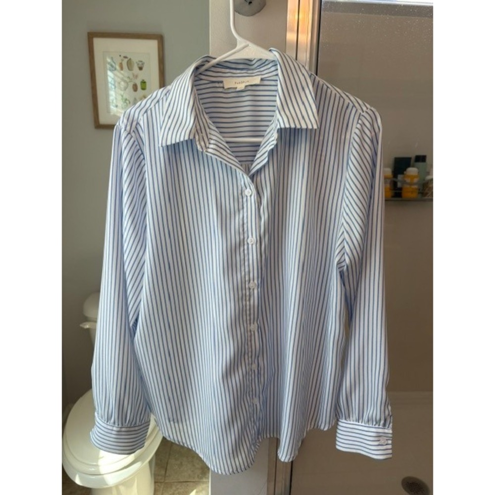 Fun2Fun Blouse Women's Blue White Striped Button Down Long Sleeve Collared Shirt